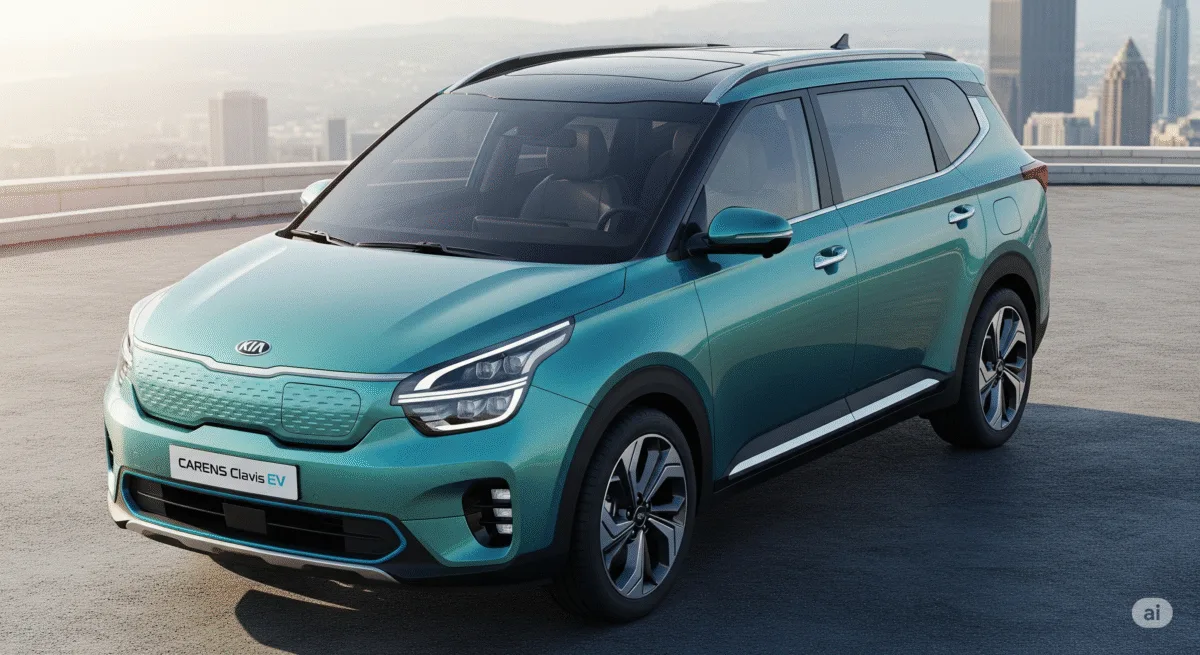 Front-facing view of a turquoise Kia Carens Clavis EV against an urban backdrop.

